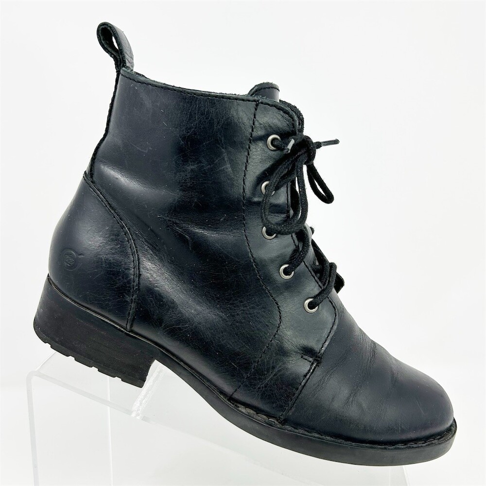 Born Troye Womens Black Lace-Up Ankle Combat Boots Side Zip Lug Sole Size 7.5